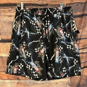 NASCAR Men's L Swim Shorts Suit Trunks Racing Flag Checkered Black Graphic